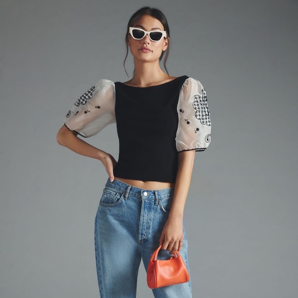 Anthropologie Maeve Silk Puff-Sleeve Sweater Top, M - Picture 5 of 16